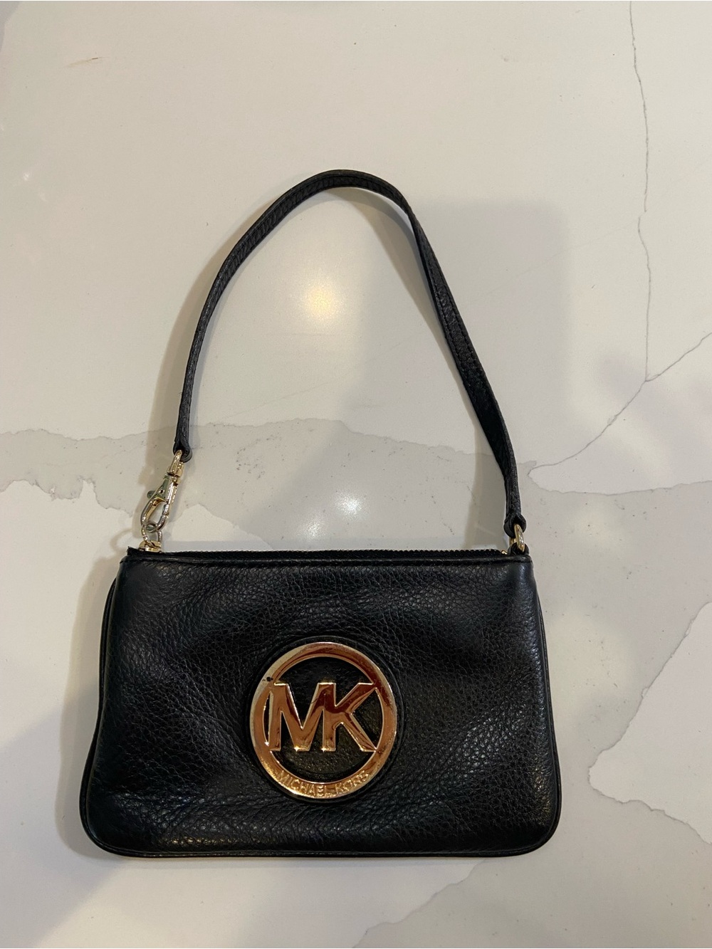 Michael Kors Black Leather Mini Shoulder/Wristlet Bag with Gold MK Emblem